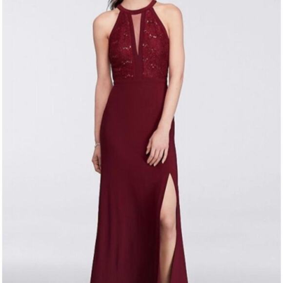 Morgan & Co Merlot Illusion Floor Length Gown size 5/6 - Picture 1 of 8